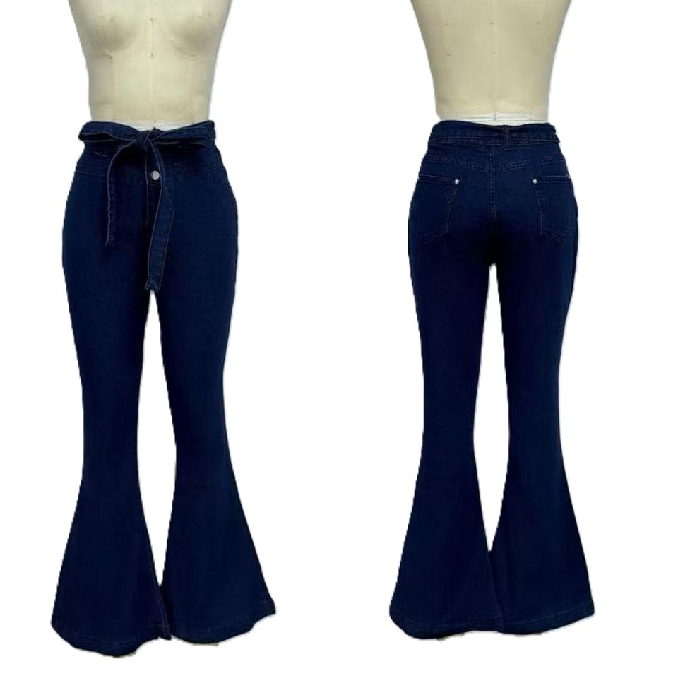 Tie Belt High Rise Flare Jeans - Blue