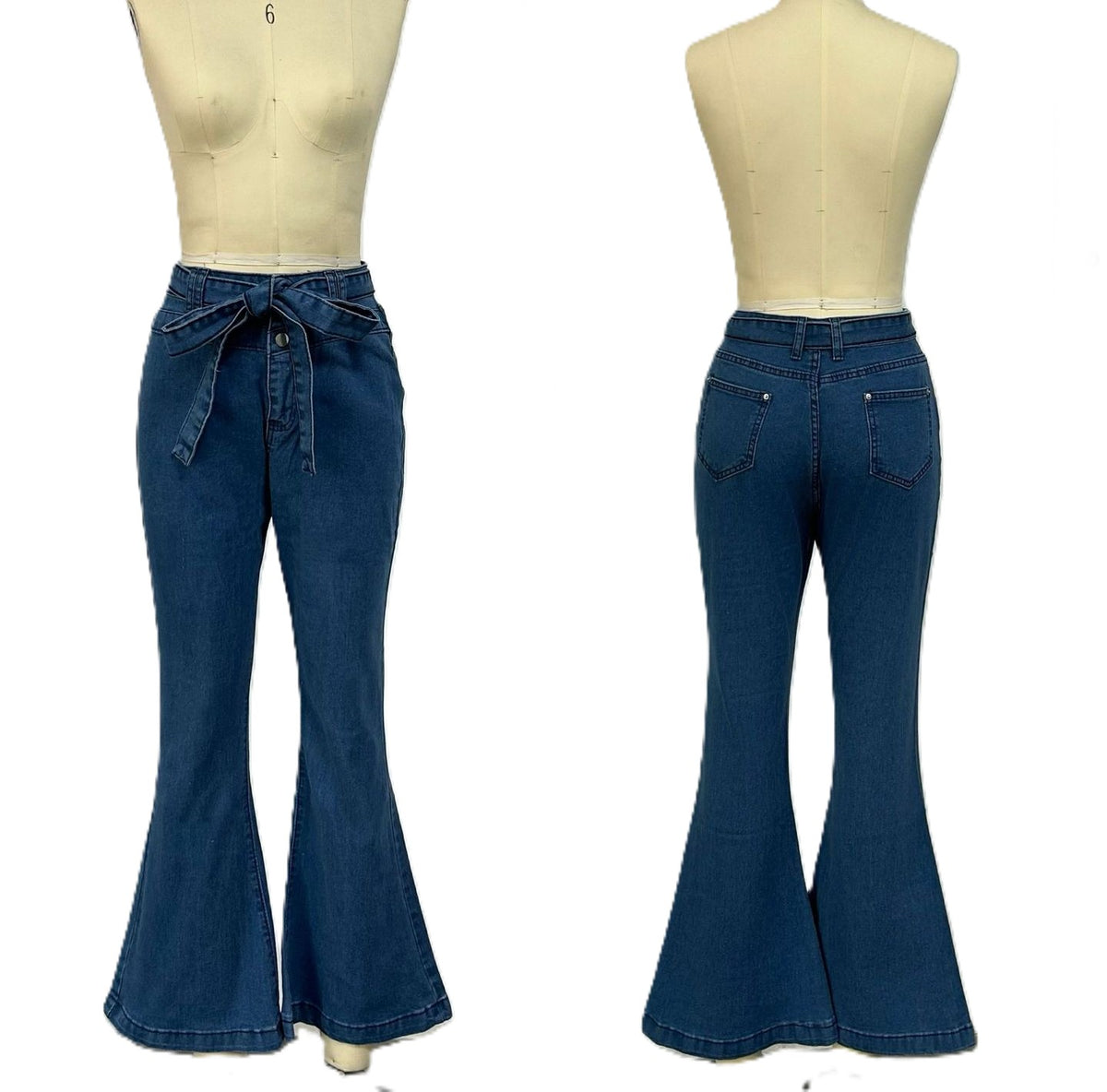 Tie Belt High Rise Flare Jeans - LakeBlue