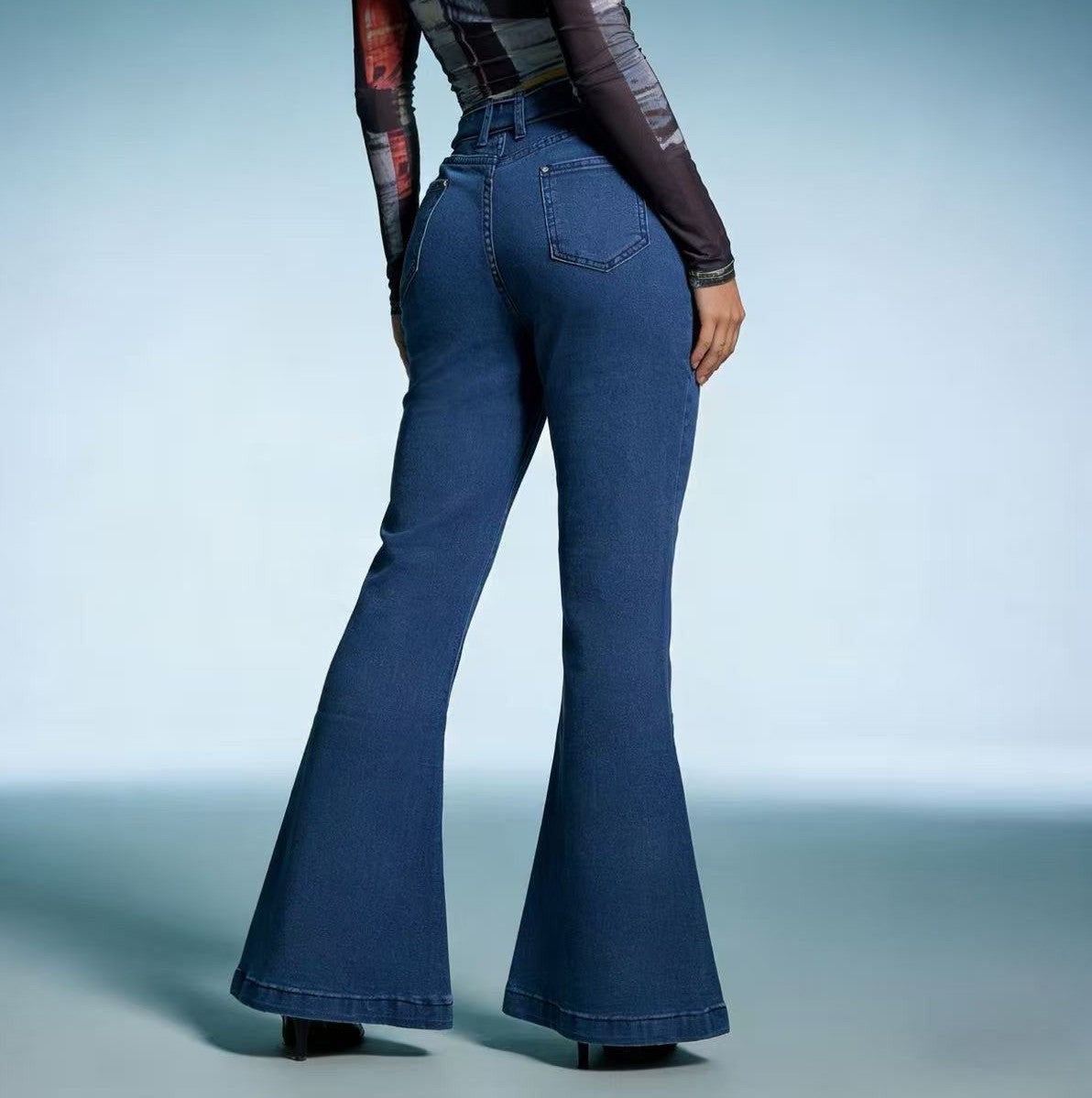 Tie Belt High Rise Flare Jeans - LakeBlue - 2