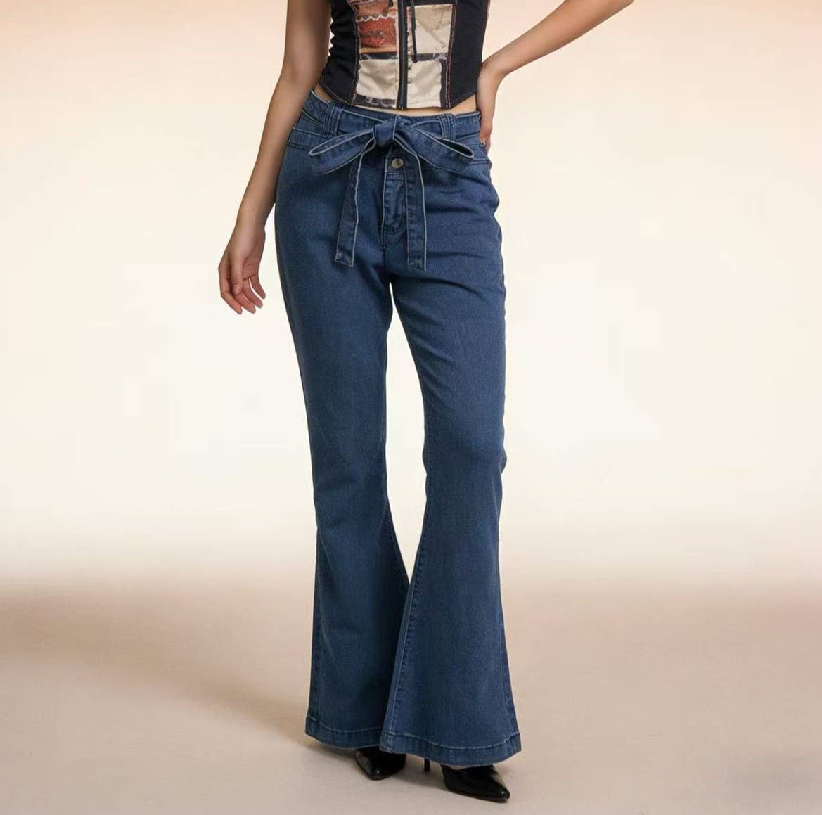 Tie Belt High Rise Flare Jeans