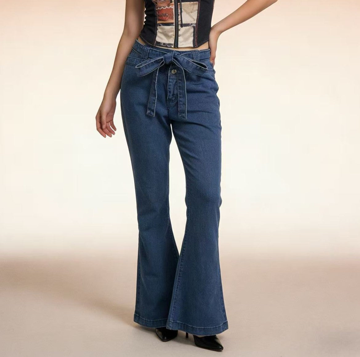 Tie Belt High Rise Flare Jeans - view 1