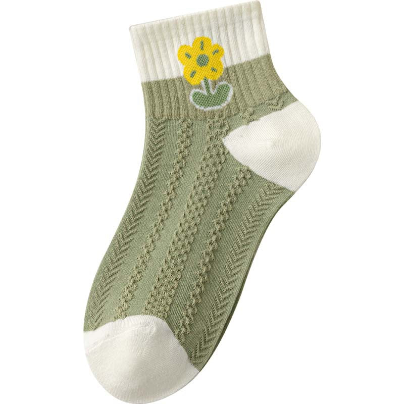 Embroidered Flower Ankle Socks With Ribbed Cuffs - Color_01