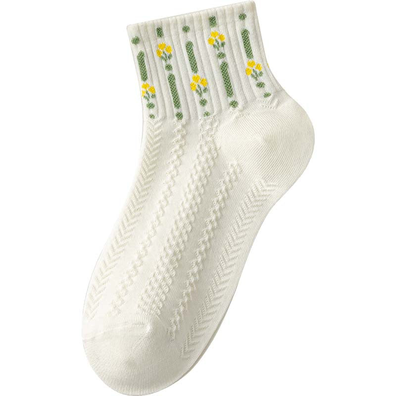 Embroidered Flower Ankle Socks With Ribbed Cuffs - Color_02