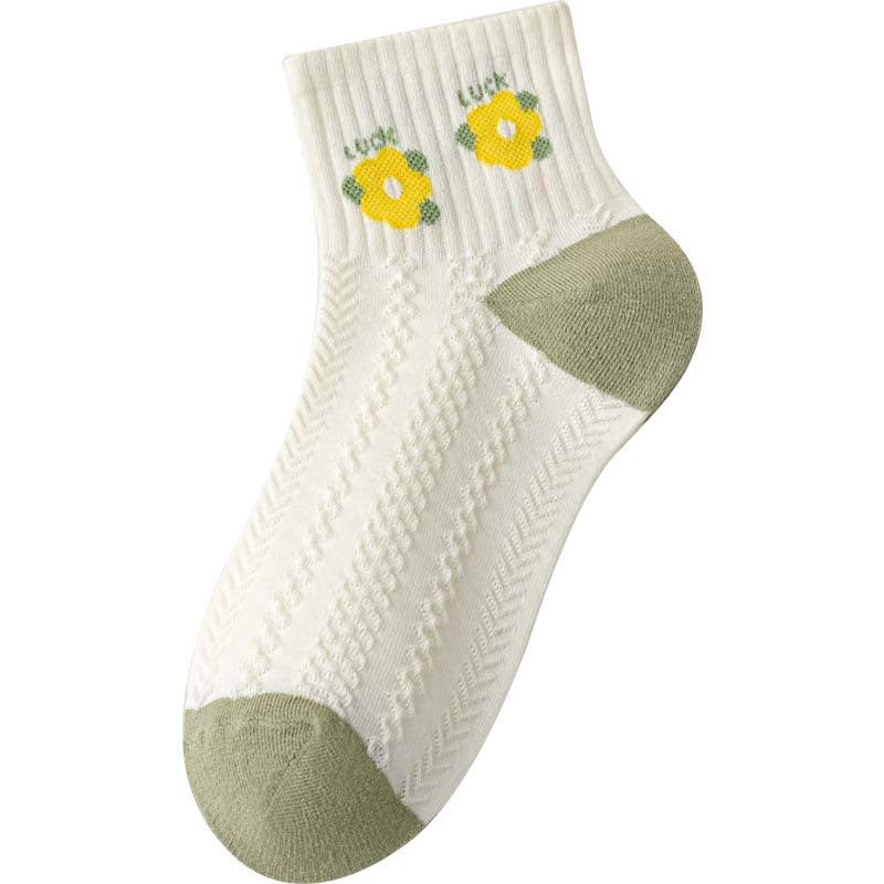 Embroidered Flower Ankle Socks With Ribbed Cuffs - Color_03
