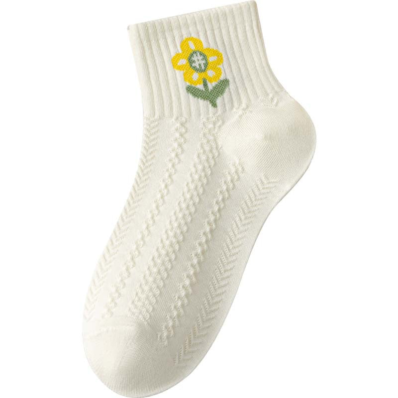 Embroidered Flower Ankle Socks With Ribbed Cuffs - Color_04