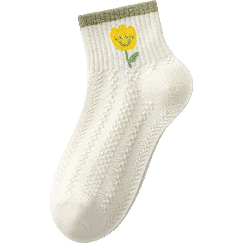 Embroidered Flower Ankle Socks With Ribbed Cuffs - Color_05