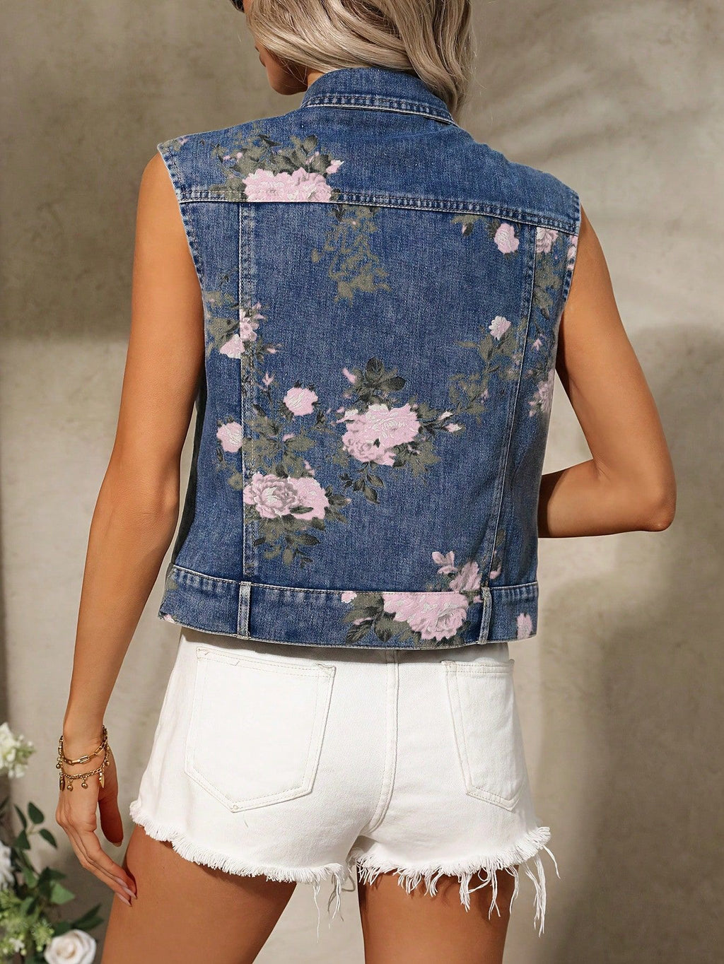 Floral Print Washed Denim Collared Vest - Blue - 1