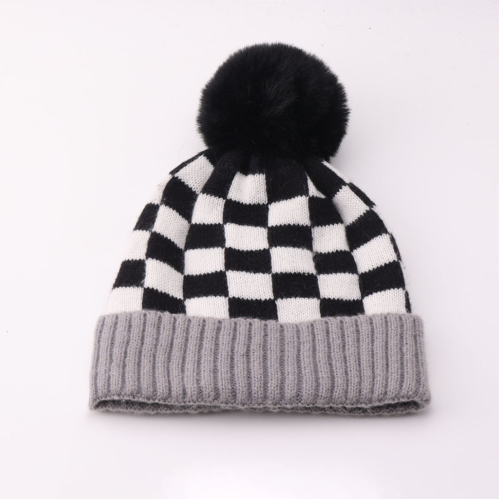 Checkered Knit Pom Pom Beanie with Contrast Cuff - Black
