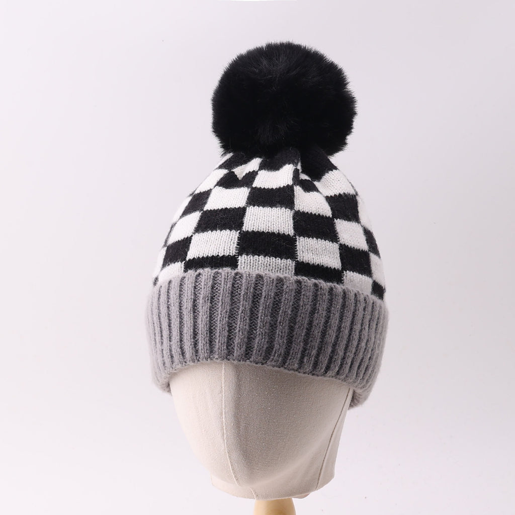 Checkered Knit Pom Pom Beanie with Contrast Cuff - Black - 1