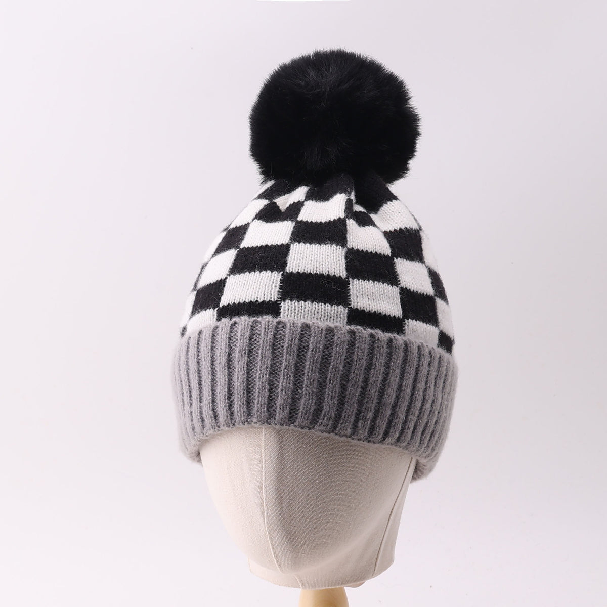 Checkered Knit Pom Pom Beanie with Contrast Cuff - Black - 1