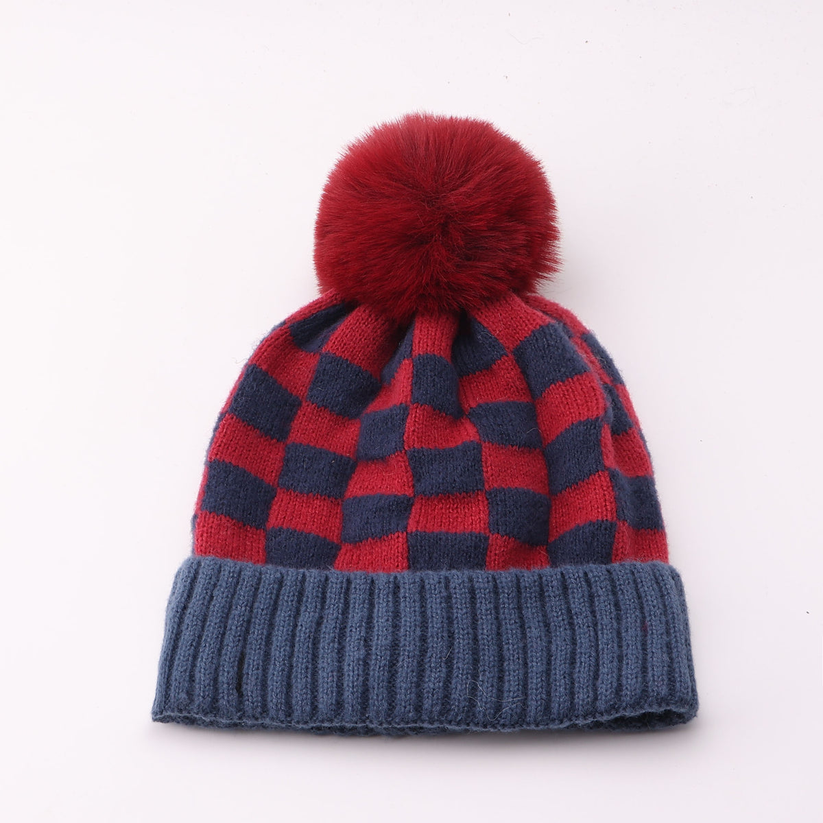 Checkered Knit Pom Pom Beanie with Contrast Cuff - BlueRed