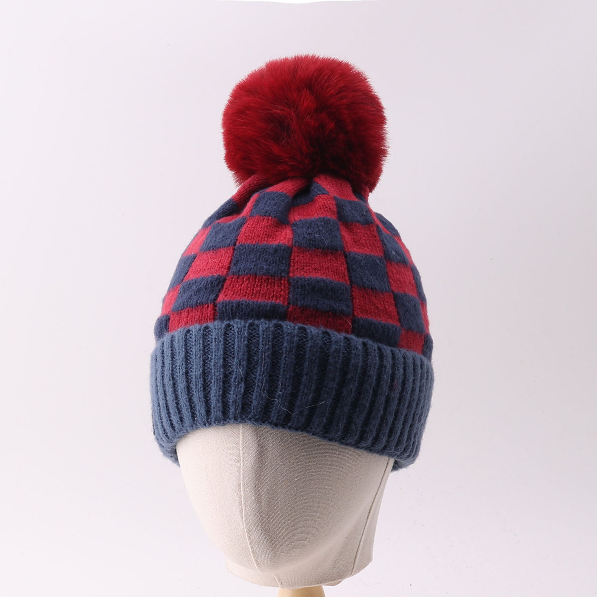 Checkered Knit Pom Pom Beanie with Contrast Cuff - BlueRed - 1