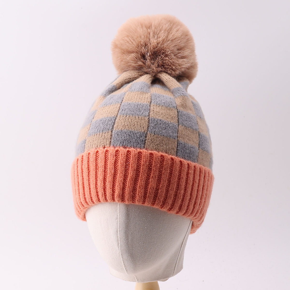 Checkered Knit Pom Pom Beanie with Contrast Cuff - Khaki - 1