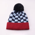 Checkered Knit Pom Pom Beanie with Contrast Cuff - Navyblue