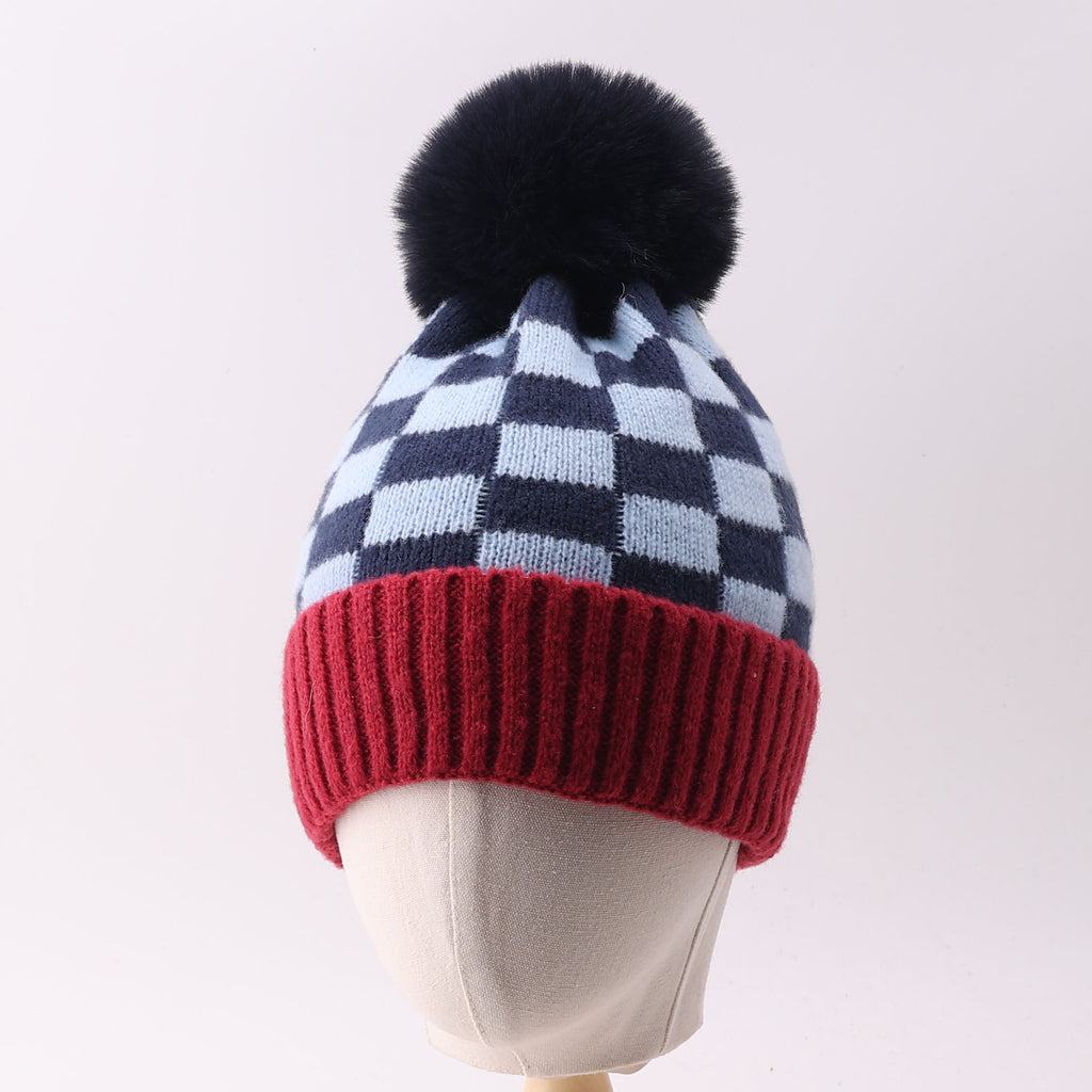 Checkered Knit Pom Pom Beanie with Contrast Cuff - Navyblue - 1