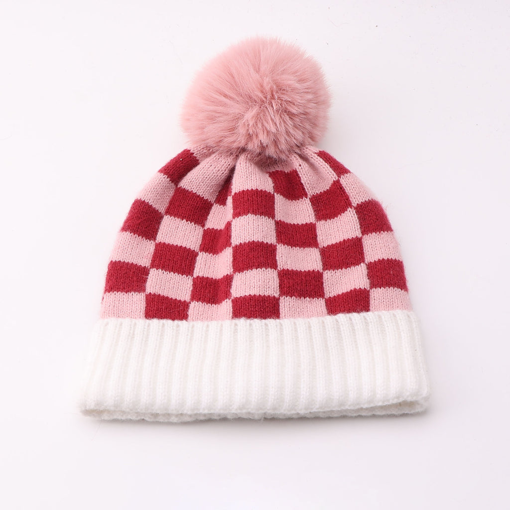 Checkered Knit Pom Pom Beanie with Contrast Cuff - Red