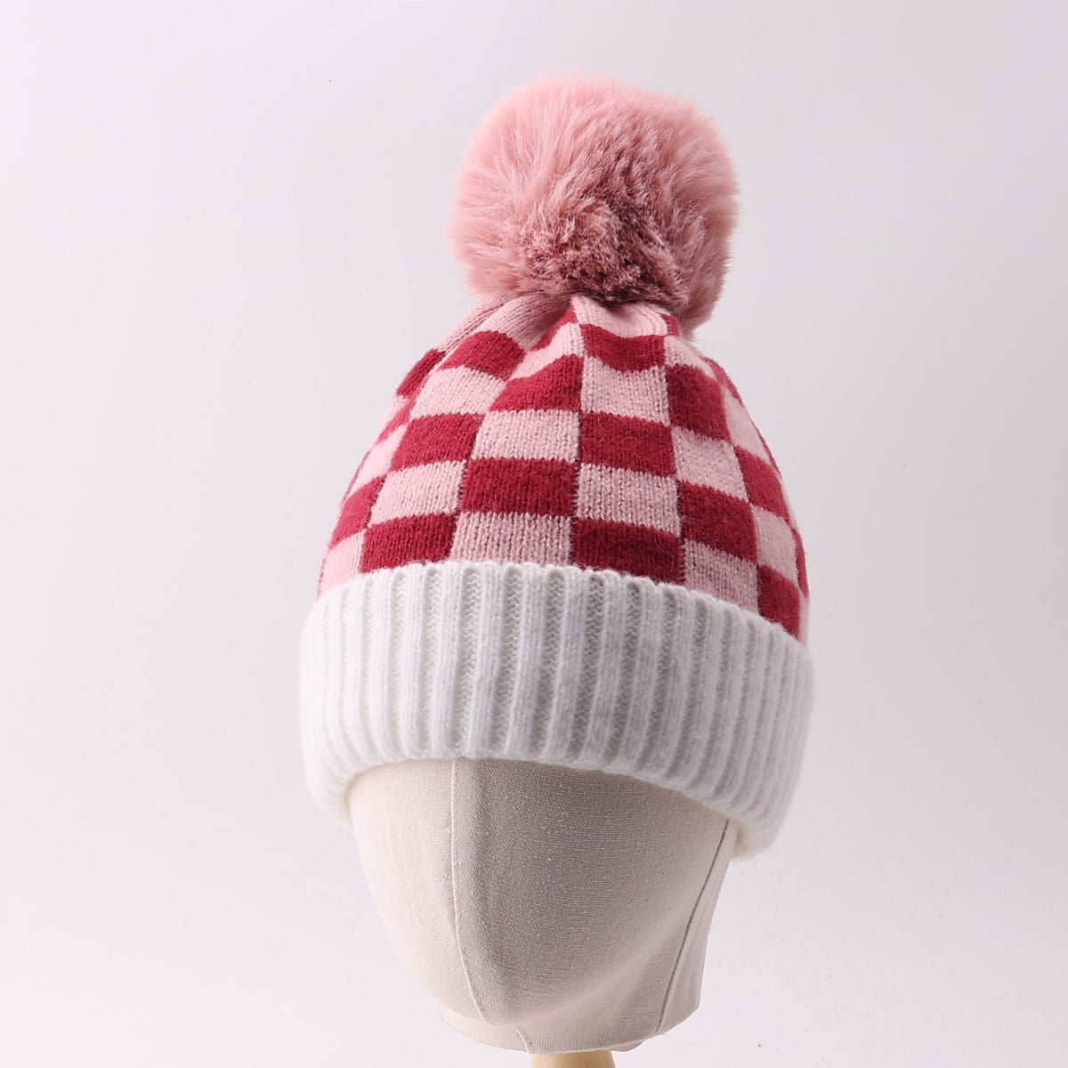 Checkered Knit Pom Pom Beanie with Contrast Cuff - Red - 1