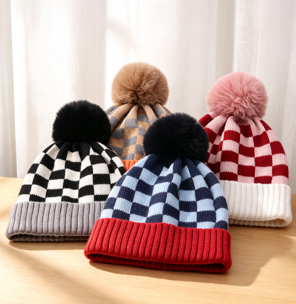 Checkered Knit Pom Pom Beanie with Contrast Cuff - Red - 2