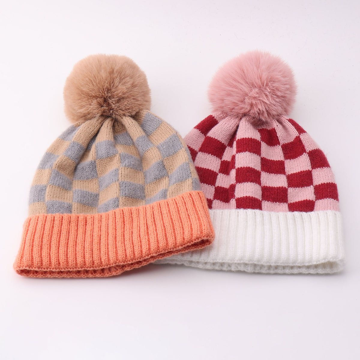 Checkered Knit Pom Pom Beanie with Contrast Cuff - Red - 3