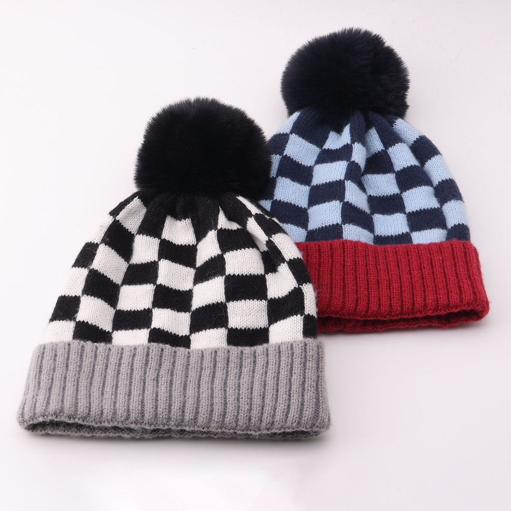 Checkered Knit Pom Pom Beanie with Contrast Cuff - Red - 4