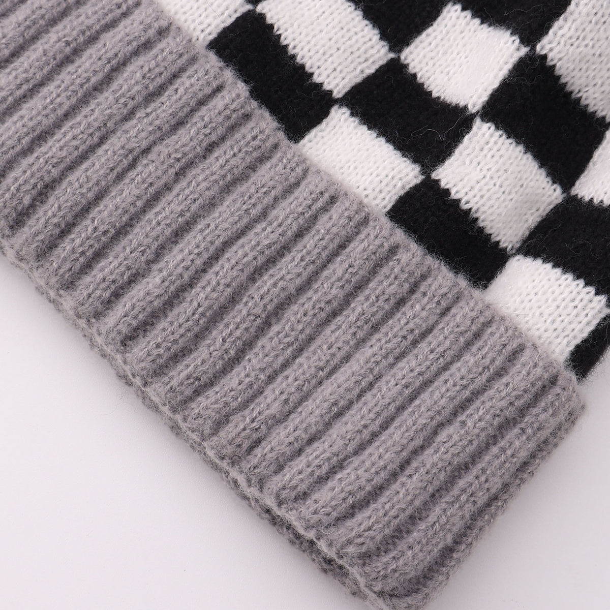 Checkered Knit Pom Pom Beanie with Contrast Cuff - Red - 5