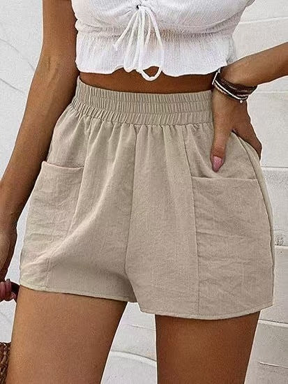 High Waist Elastic Pocket Casual Shorts - Khaki