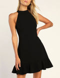 Keyhole Back Halter Mini Dress With Flounce Hem - Black