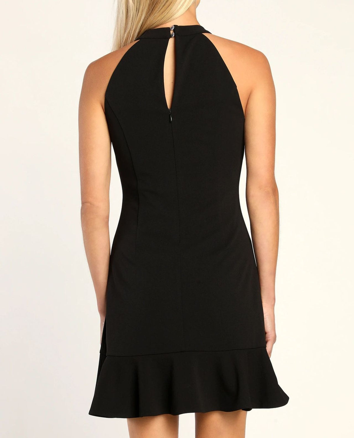 Keyhole Back Halter Mini Dress With Flounce Hem - Black - 1