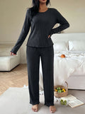 Lettuce Hem Ribbed Lounge Sweatshirt Set - Black