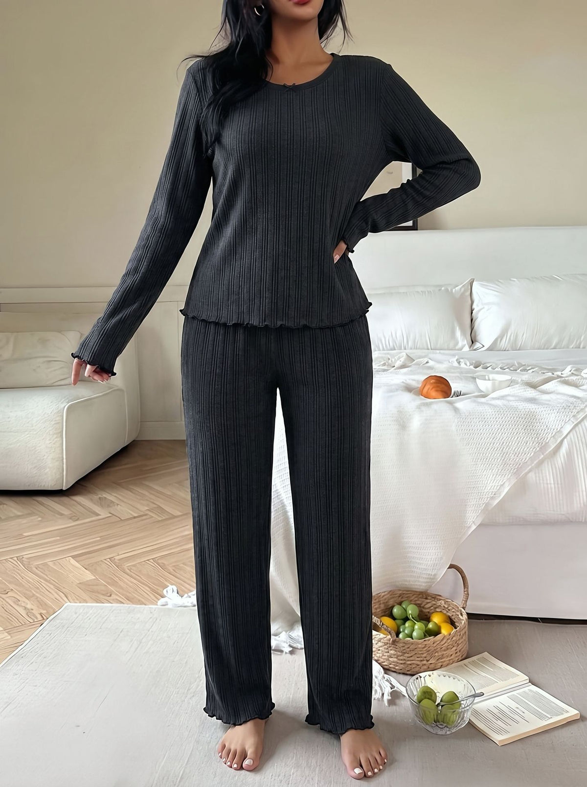 Lettuce Hem Ribbed Lounge Sweatshirt Set - Black