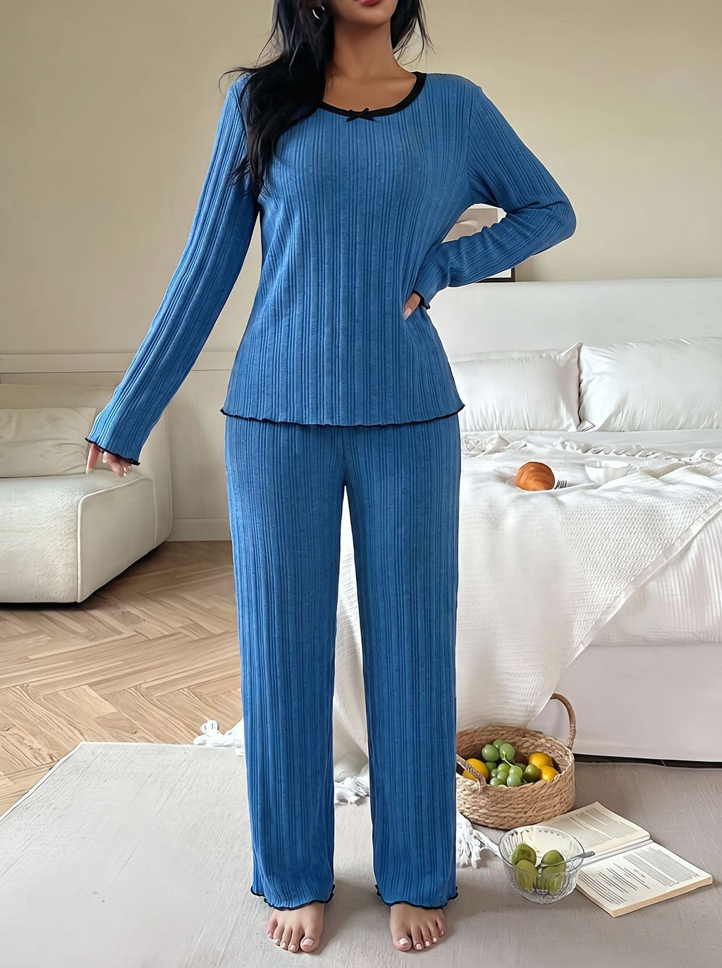 Lettuce Hem Ribbed Lounge Sweatshirt Set - Blue