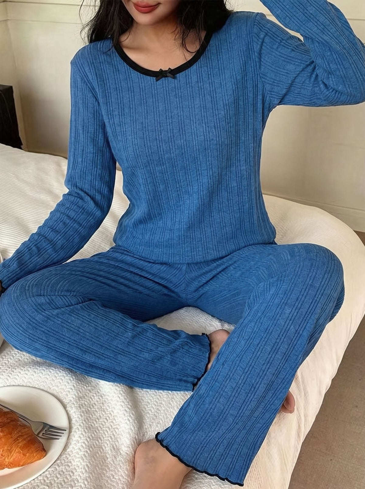 Lettuce Hem Ribbed Lounge Sweatshirt Set - Blue - 1