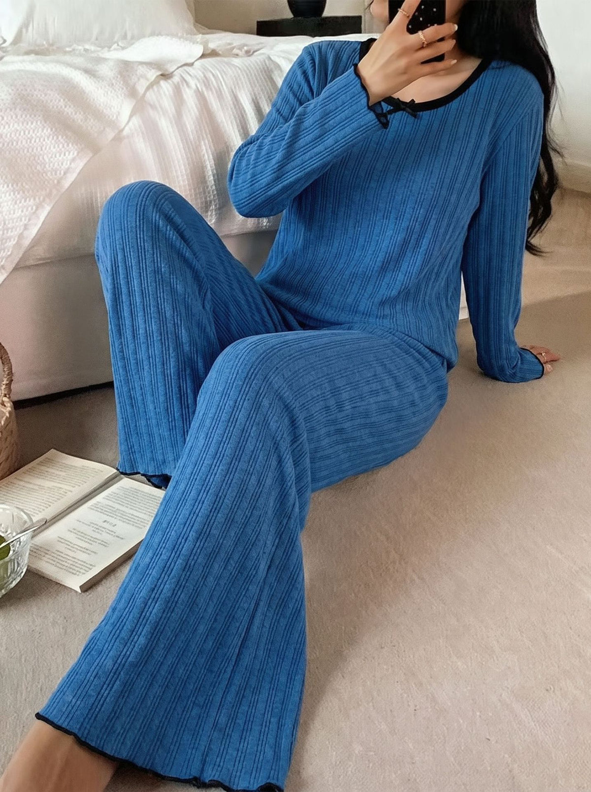 Lettuce Hem Ribbed Lounge Sweatshirt Set - Blue - 2