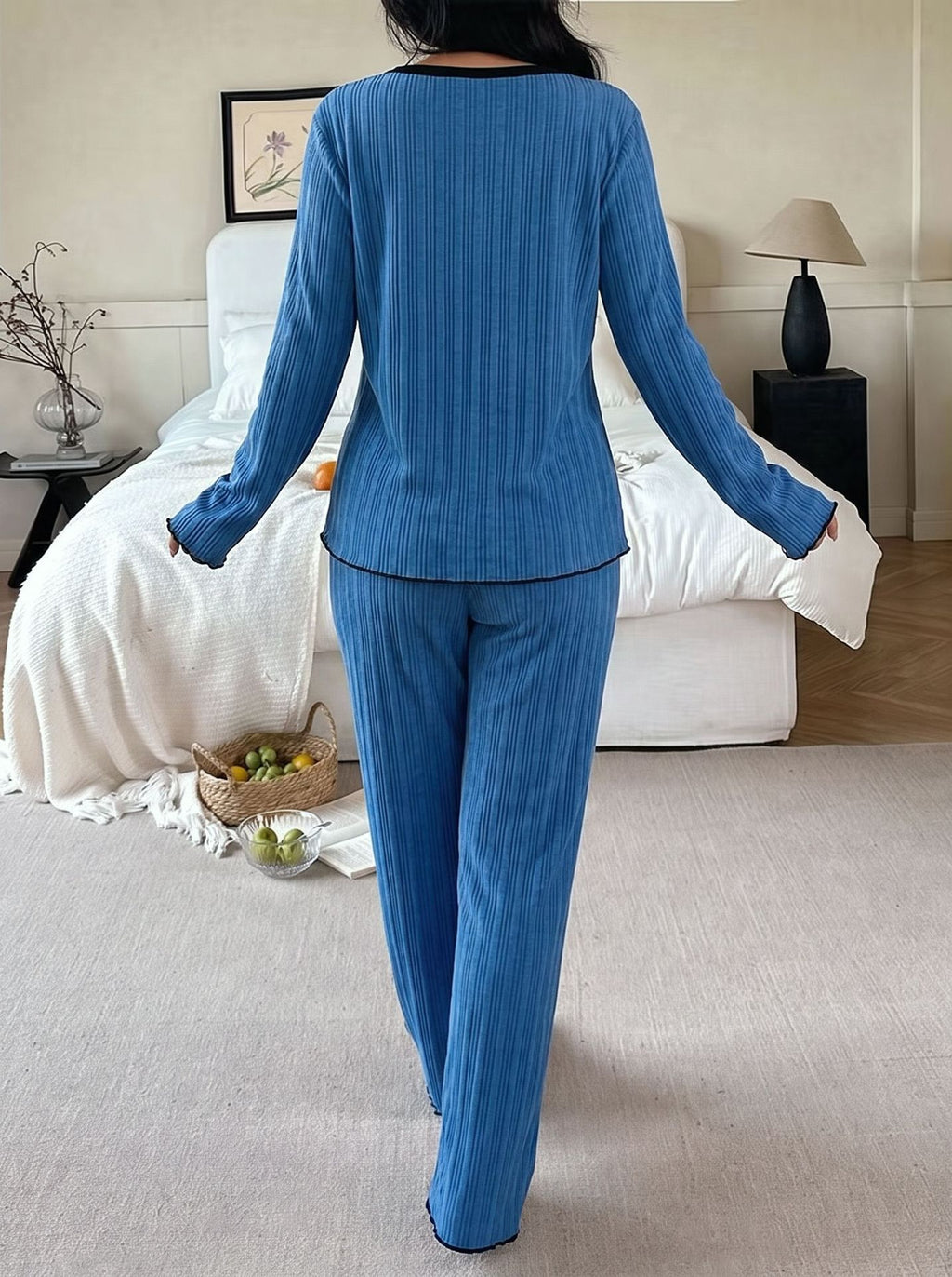 Lettuce Hem Ribbed Lounge Sweatshirt Set - Blue - 3