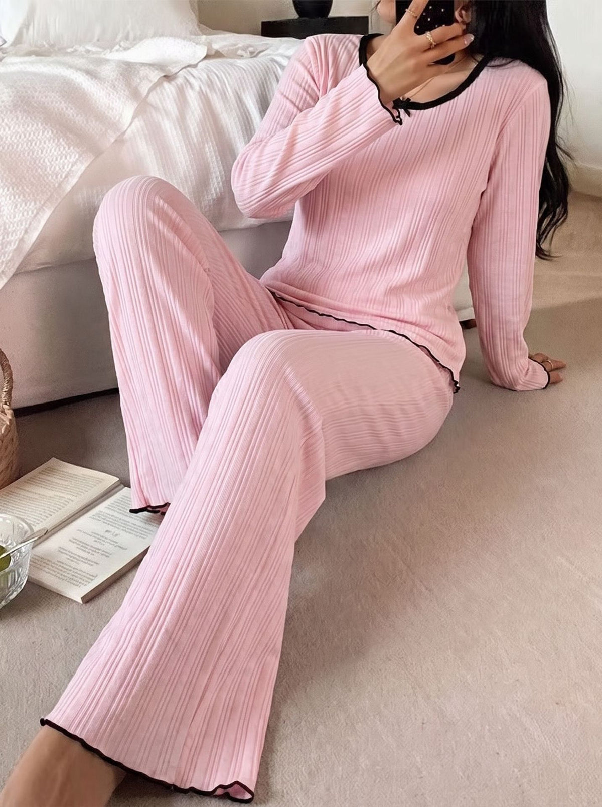 Lettuce Hem Ribbed Lounge Sweatshirt Set - Pink - 1