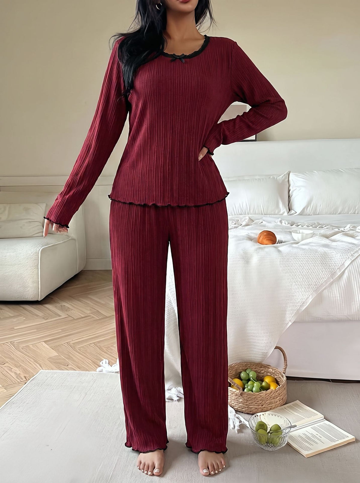 Lettuce Hem Ribbed Lounge Sweatshirt Set - Red