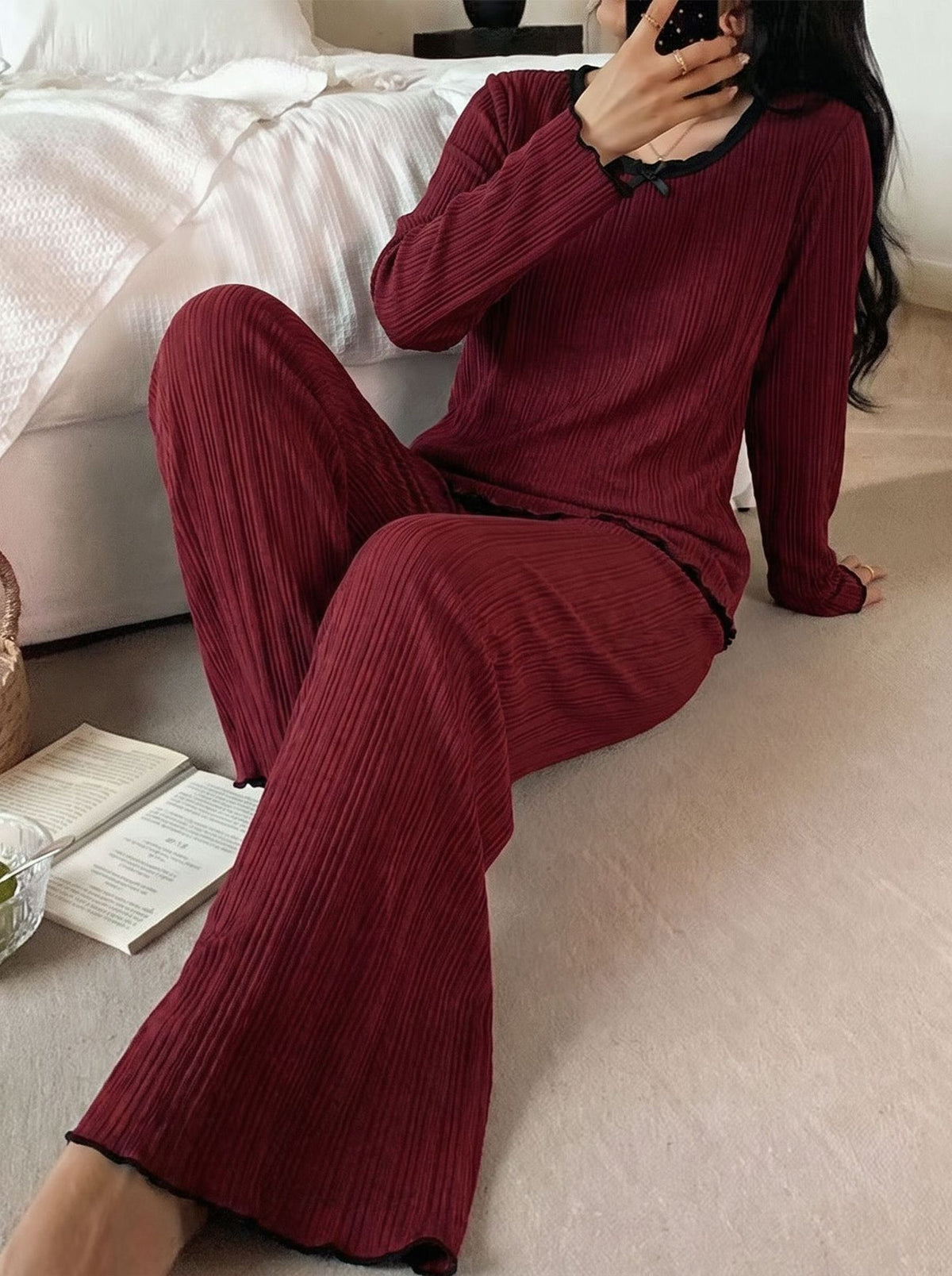Lettuce Hem Ribbed Lounge Sweatshirt Set - Red - 1