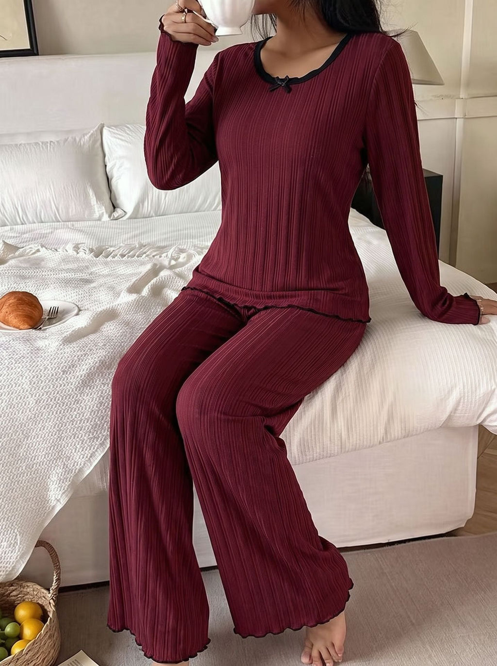 Lettuce Hem Ribbed Lounge Sweatshirt Set - Red - 2