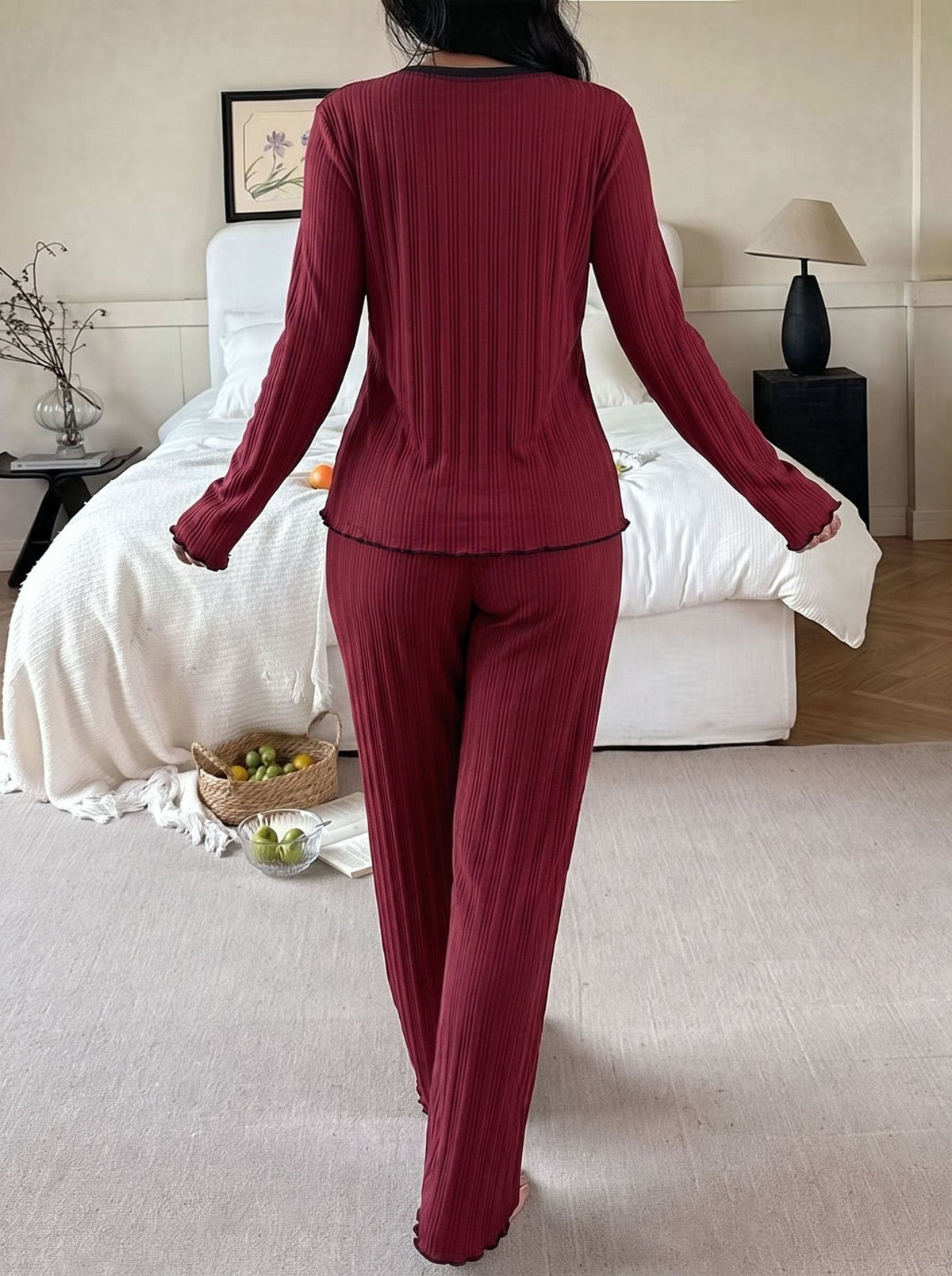 Lettuce Hem Ribbed Lounge Sweatshirt Set - Red - 3