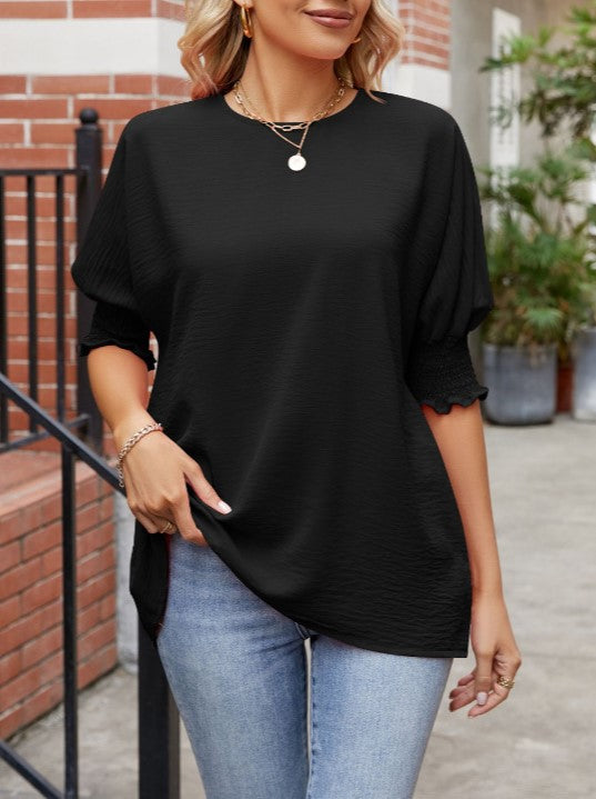 Textured Crewneck Top with Ruffle Cuffs - Black - 1