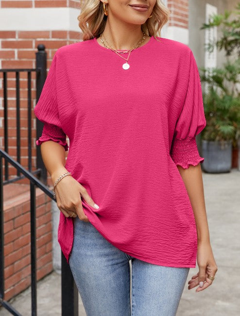 Textured Crewneck Top with Ruffle Cuffs - Rosered