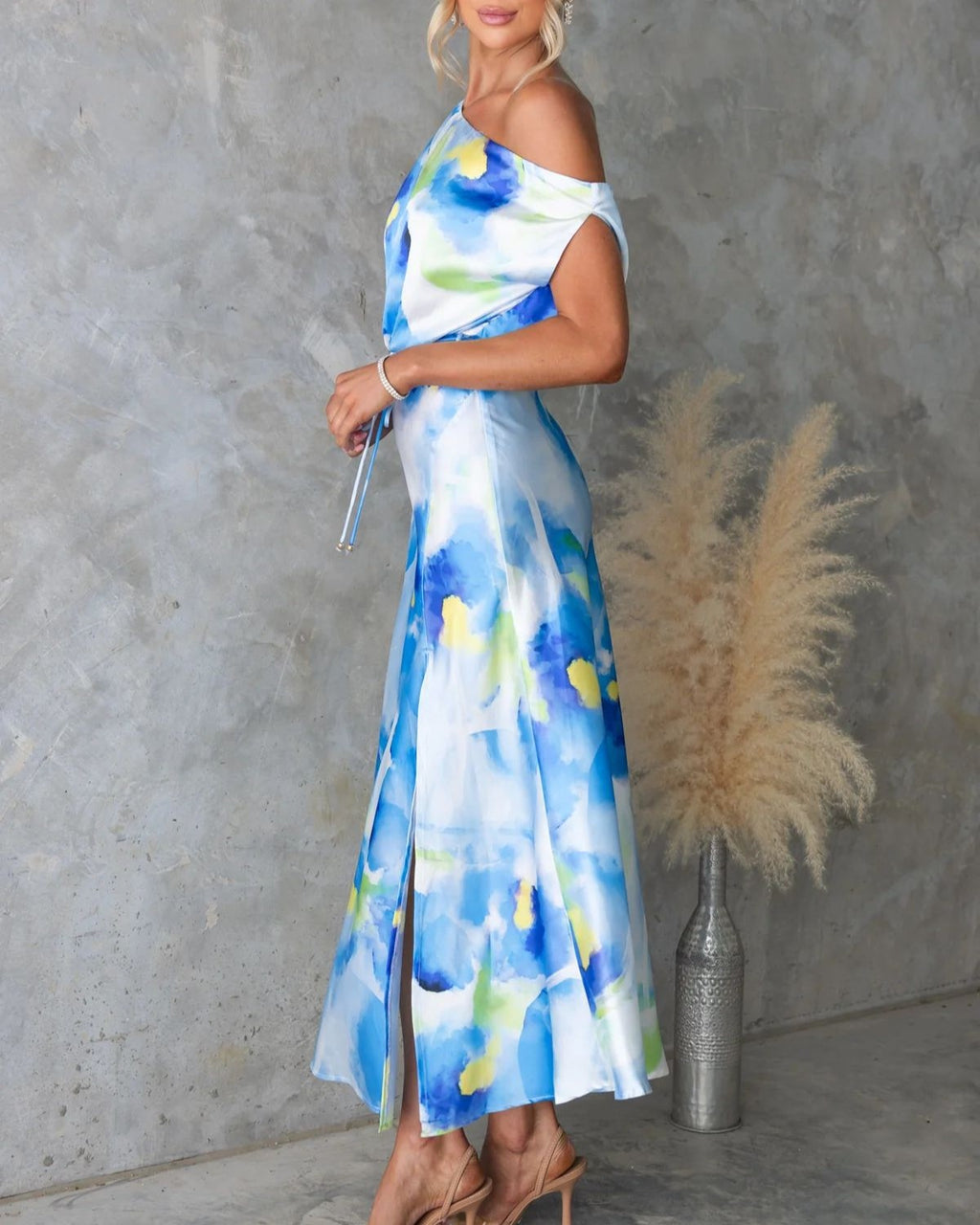 One Shoulder Watercolor Print Maxi Dress - Pink - 2