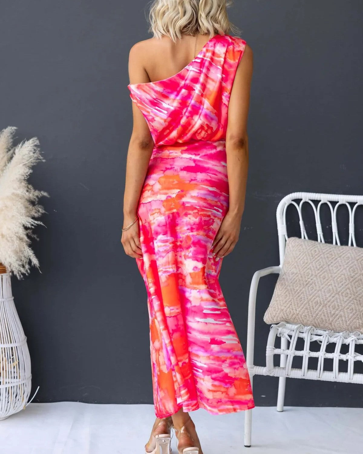 One Shoulder Watercolor Print Maxi Dress - Pink - 5