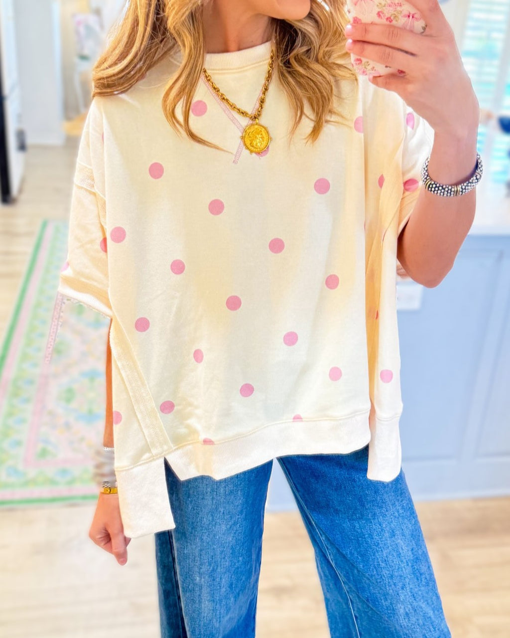 Oversized Polka Dot Tee With Frayed Hem - Beige