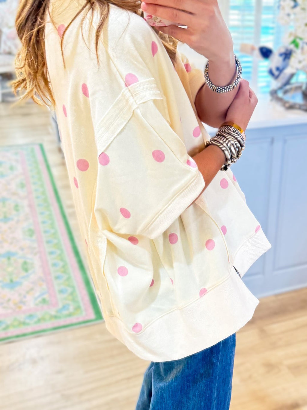Oversized Polka Dot Tee With Frayed Hem - Beige - 3