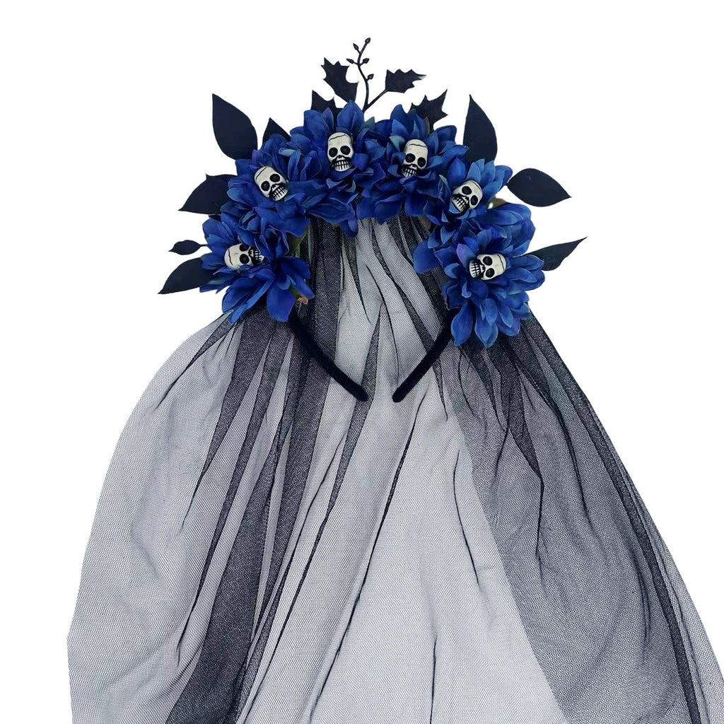 Dark Floral Crown Headband With Skull Veil - Blue