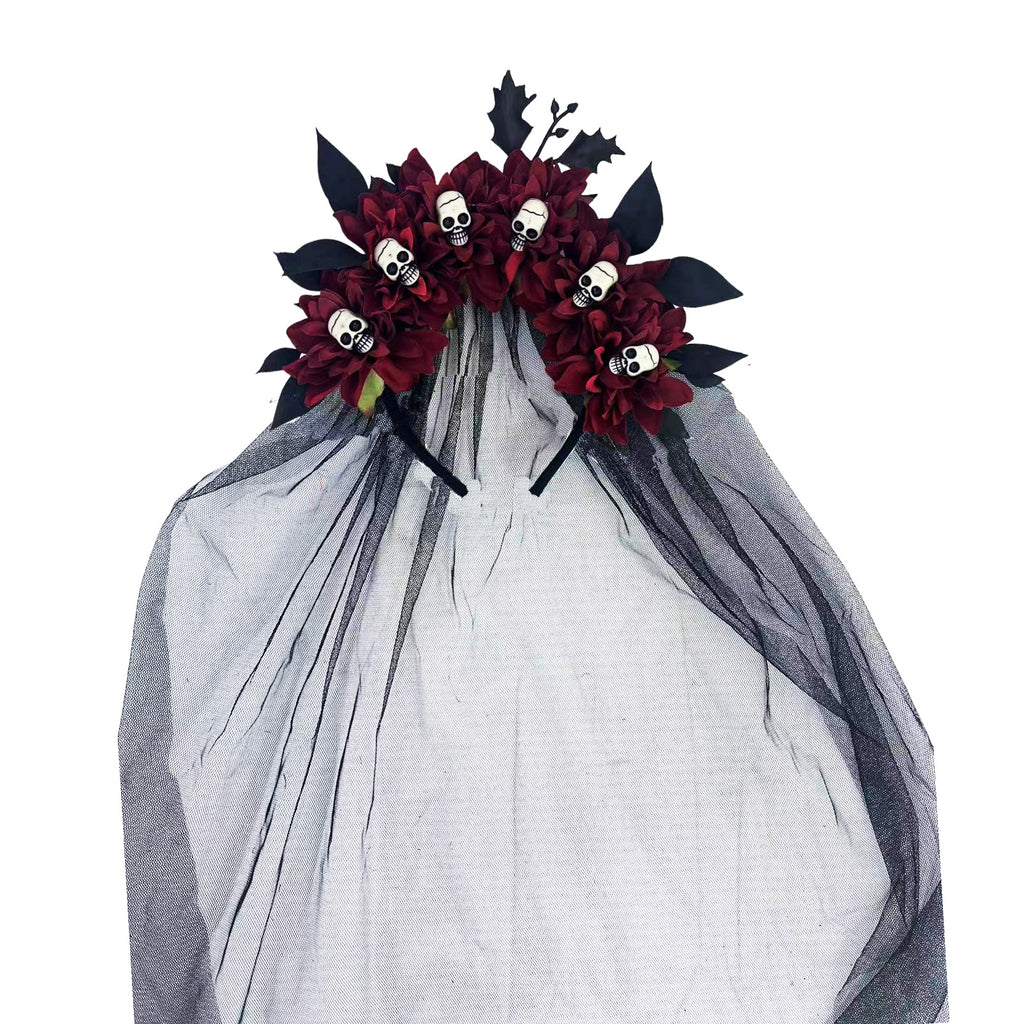 Dark Floral Crown Headband With Skull Veil - Burgundy