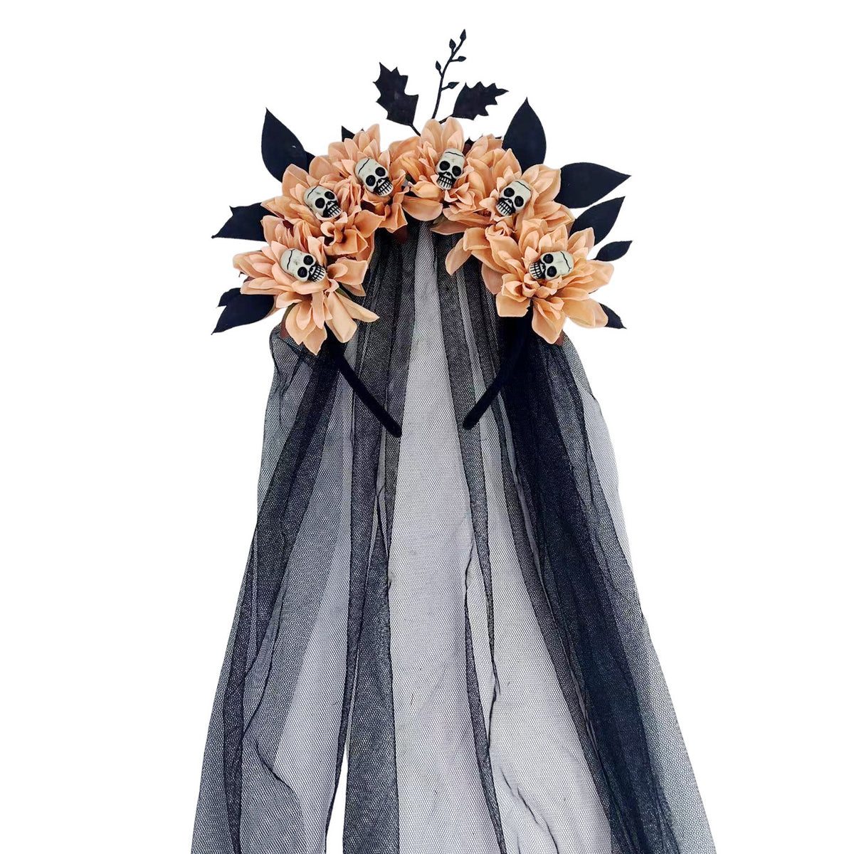 Dark Floral Crown Headband With Skull Veil - Champagne