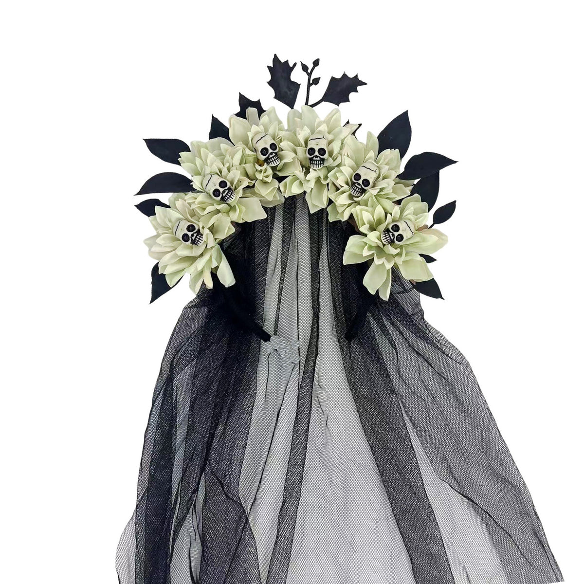 Dark Floral Crown Headband With Skull Veil - Green