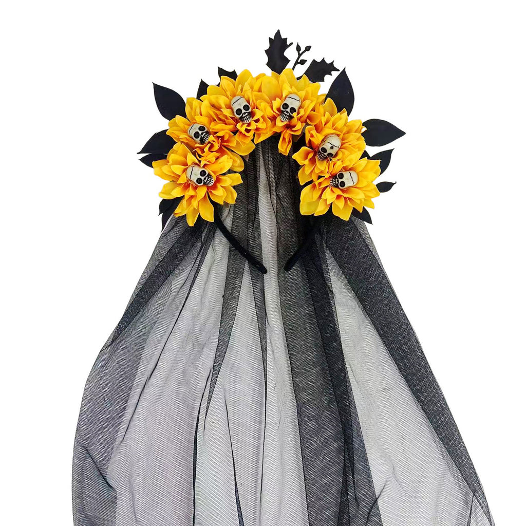 Dark Floral Crown Headband With Skull Veil - Orange
